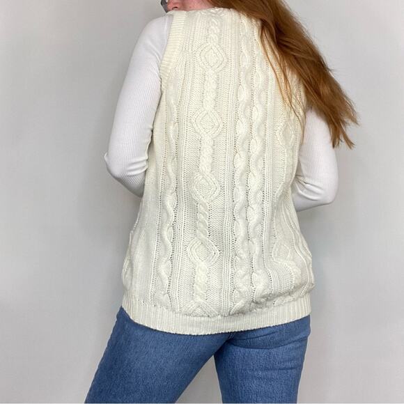 Vintage 70s Small Ivory Chunky Knit Cable Knit Cardigan Style Sweater Vest - Picture 4 of 10